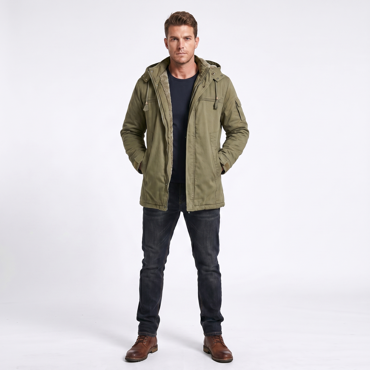 Men's Fleece Lined Hooded Zip Trench Coat – Warm Winter Jacket