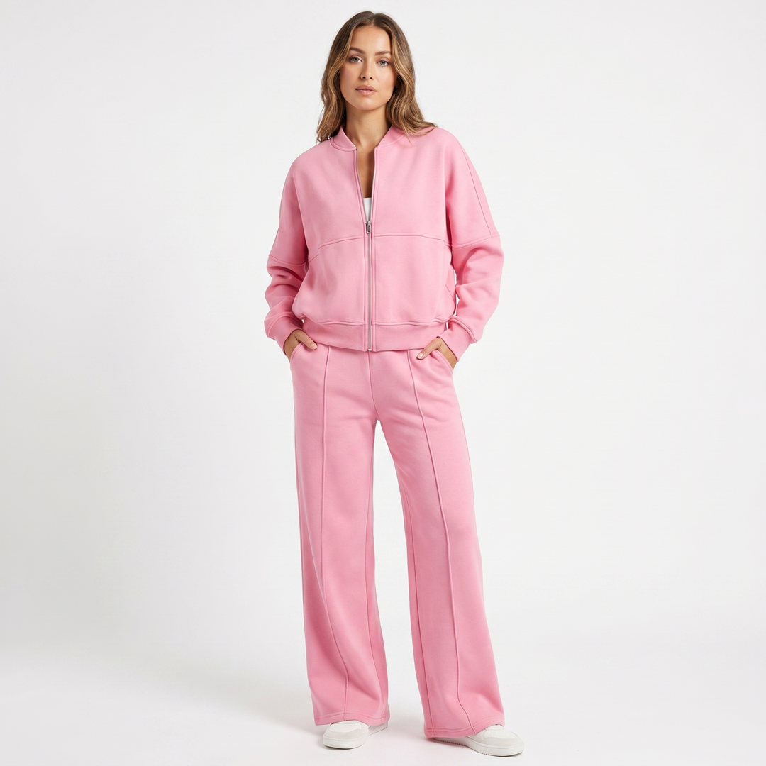 Conjunto de dos piezas de chaqueta con cremallera y pantalón de pierna ancha para mujer