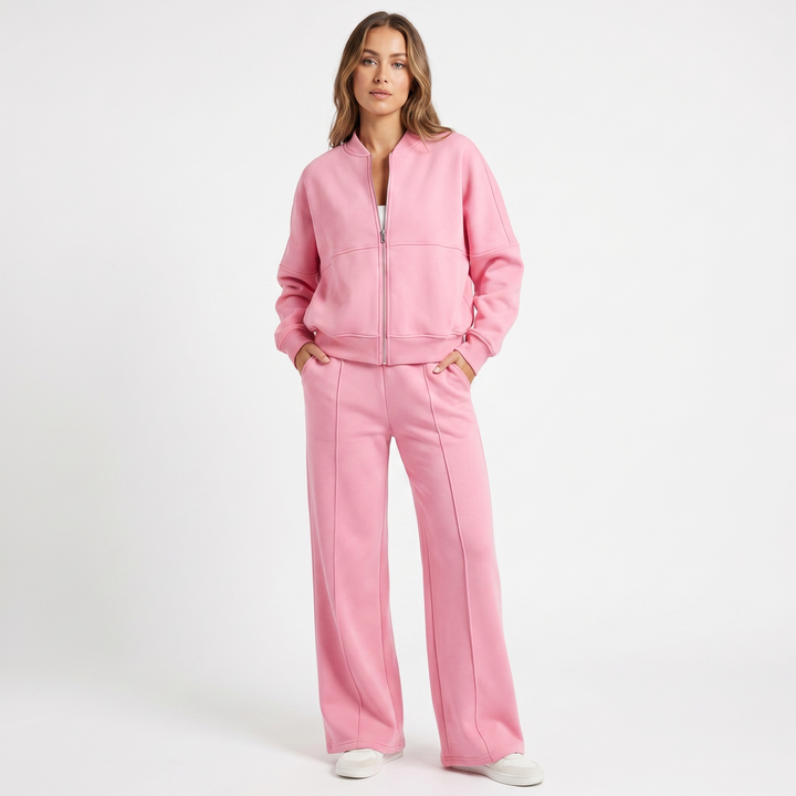 Conjunto de dos piezas de chaqueta con cremallera y pantalón de pierna ancha para mujer
