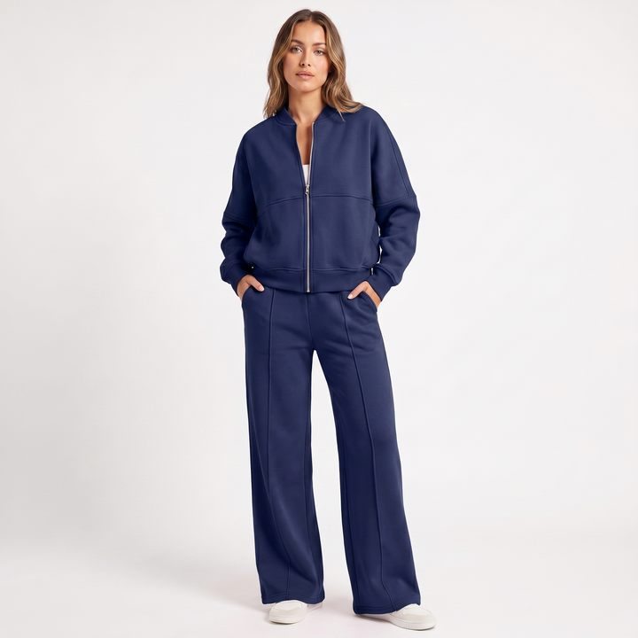 Conjunto de dos piezas de chaqueta con cremallera y pantalón de pierna ancha para mujer