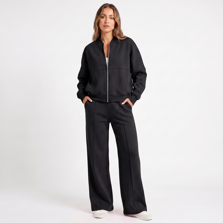 Conjunto de dos piezas de chaqueta con cremallera y pantalón de pierna ancha para mujer
