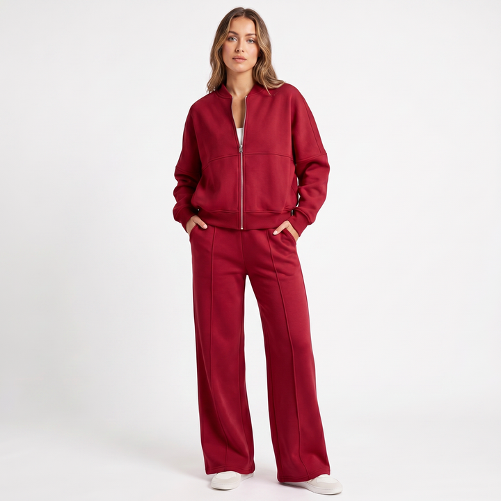 Conjunto de dos piezas de chaqueta con cremallera y pantalón de pierna ancha para mujer