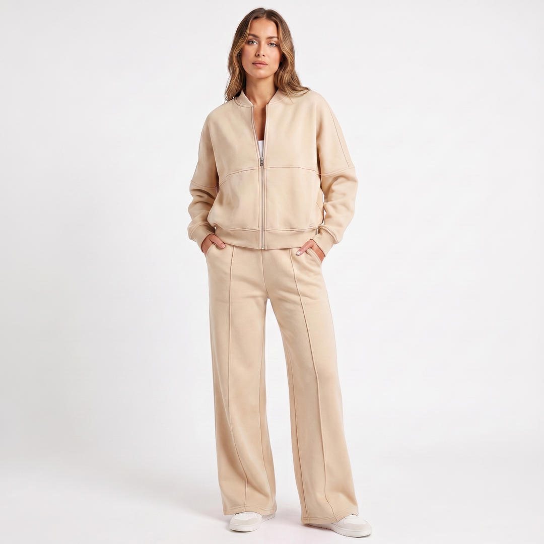Conjunto de dos piezas de chaqueta con cremallera y pantalón de pierna ancha para mujer