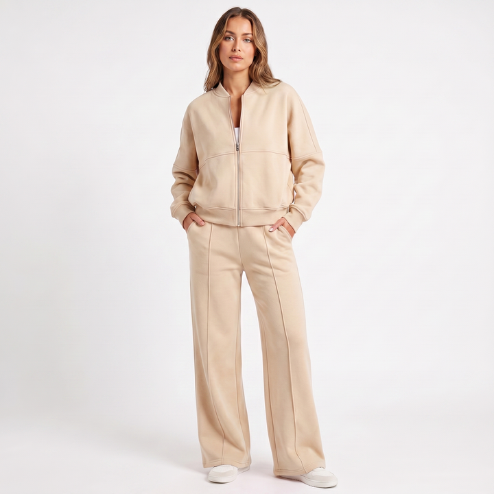 Conjunto de dos piezas de chaqueta con cremallera y pantalón de pierna ancha para mujer