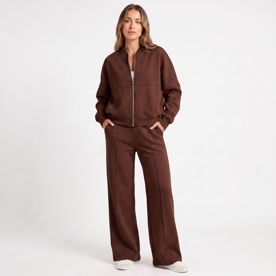 Conjunto de dos piezas de chaqueta con cremallera y pantalón de pierna ancha para mujer