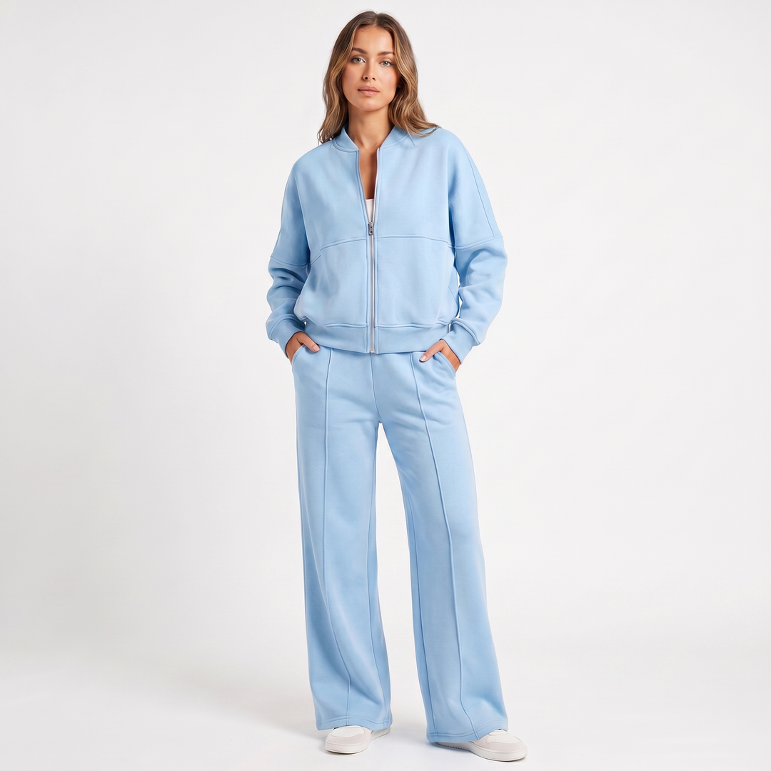 Conjunto de dos piezas de chaqueta con cremallera y pantalón de pierna ancha para mujer