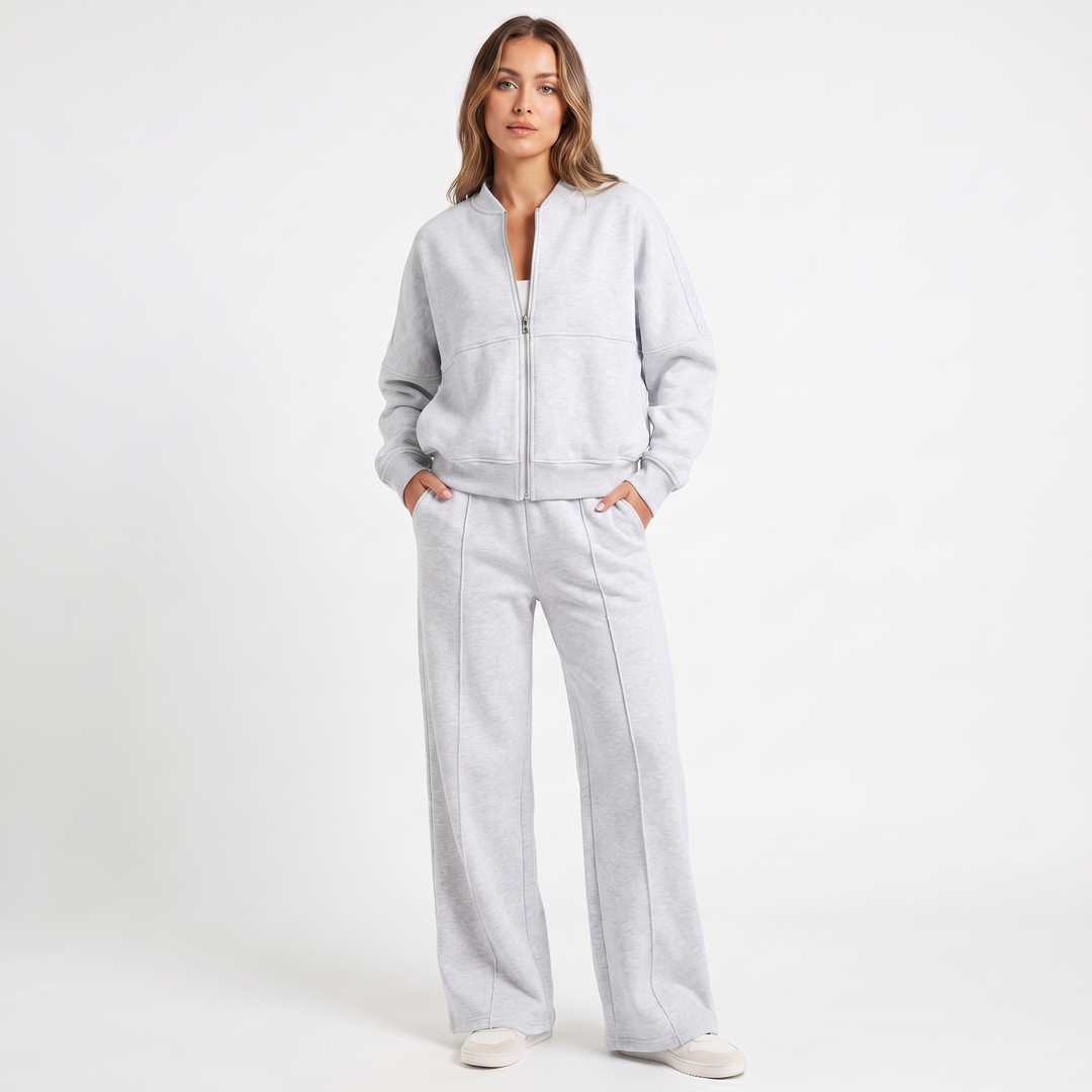 Conjunto de dos piezas de chaqueta con cremallera y pantalón de pierna ancha para mujer