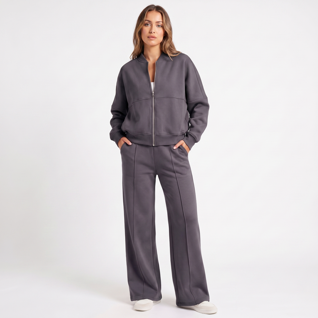 Conjunto de dos piezas de chaqueta con cremallera y pantalón de pierna ancha para mujer
