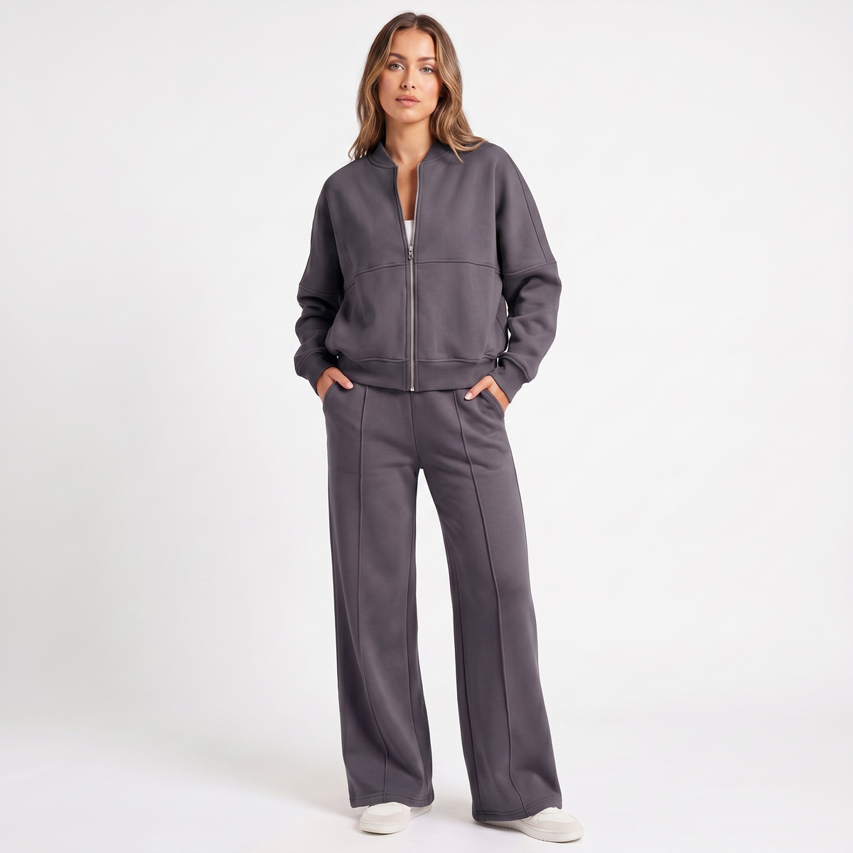Women's Two-Piece Zip-Up Jacket & Wide Leg Pants Set