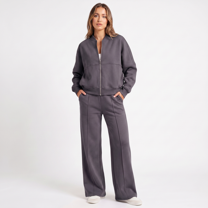 Conjunto de dos piezas de chaqueta con cremallera y pantalón de pierna ancha para mujer