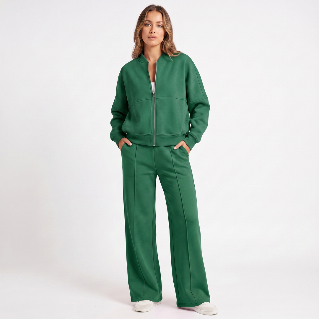 Conjunto de dos piezas de chaqueta con cremallera y pantalón de pierna ancha para mujer