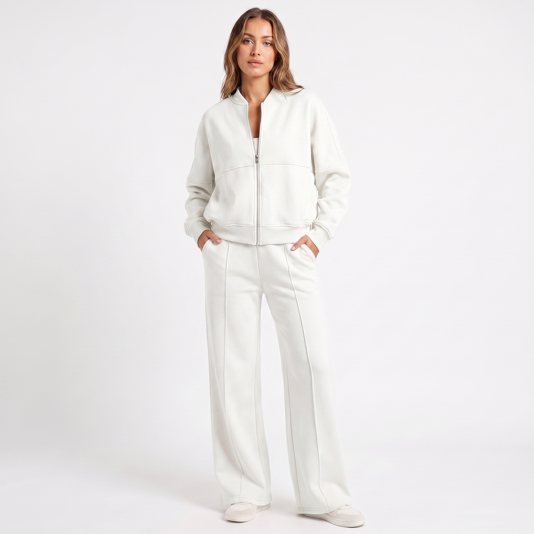 Conjunto de dos piezas de chaqueta con cremallera y pantalón de pierna ancha para mujer