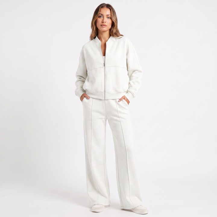 Conjunto de dos piezas de chaqueta con cremallera y pantalón de pierna ancha para mujer