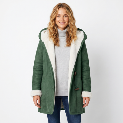 Women's Shearling Winter Coat Suede Hooded Toggle Front