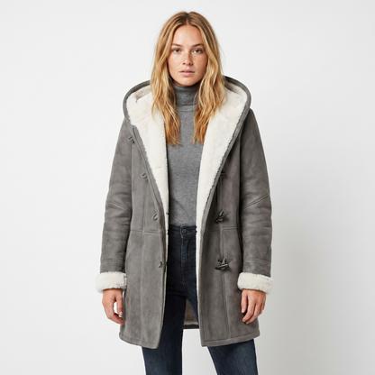 Women's Shearling Winter Coat Suede Hooded Toggle Front