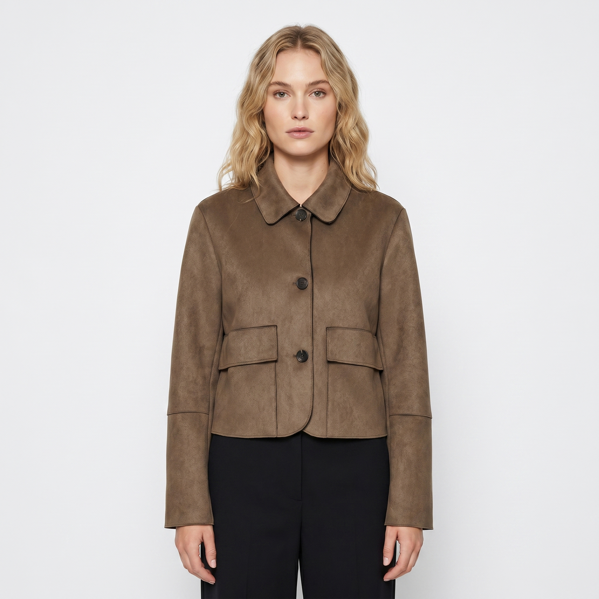 Brown Suede Jacket – Cropped Collared Button Up