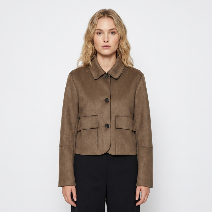 Chaqueta de ante marrón – Corta, con cuello y botones
