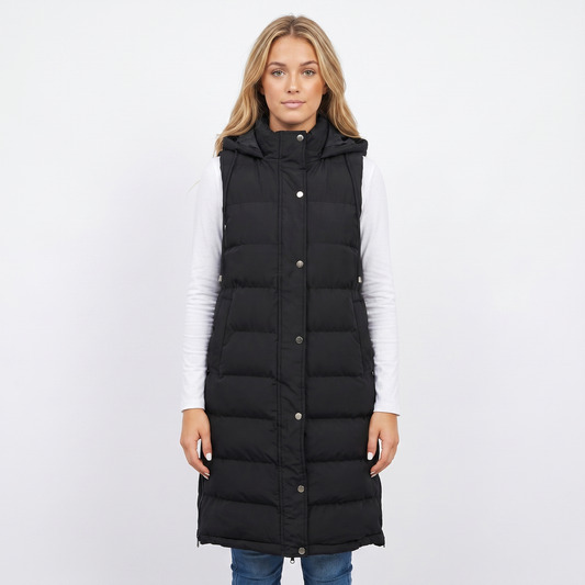 Women's Longline Puffer Autumn Vest Hooded Quilted Snap Front