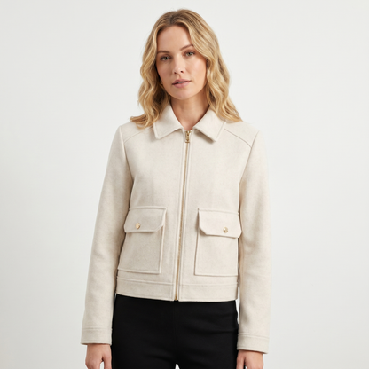 Women's Wool Autumn Jacket Cropped Zip-Up Point Collar Gold Hardware