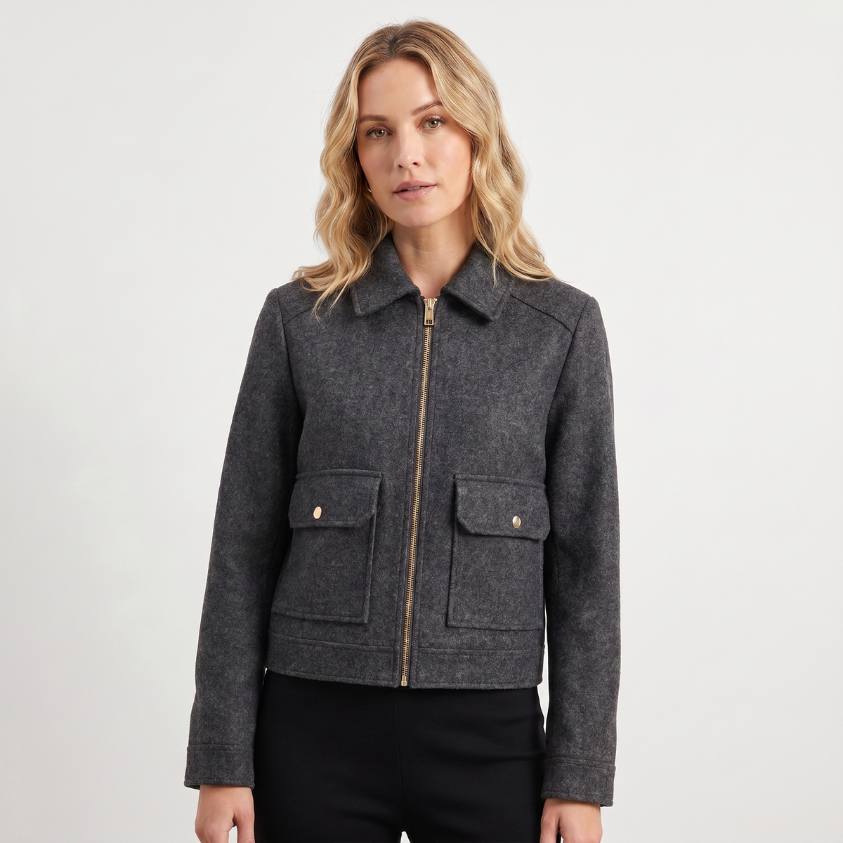 Women's Wool Autumn Jacket Cropped Zip-Up Point Collar Gold Hardware