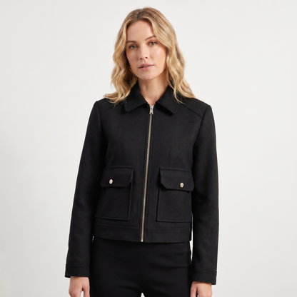 Women's Wool Autumn Jacket Cropped Zip-Up Point Collar Gold Hardware