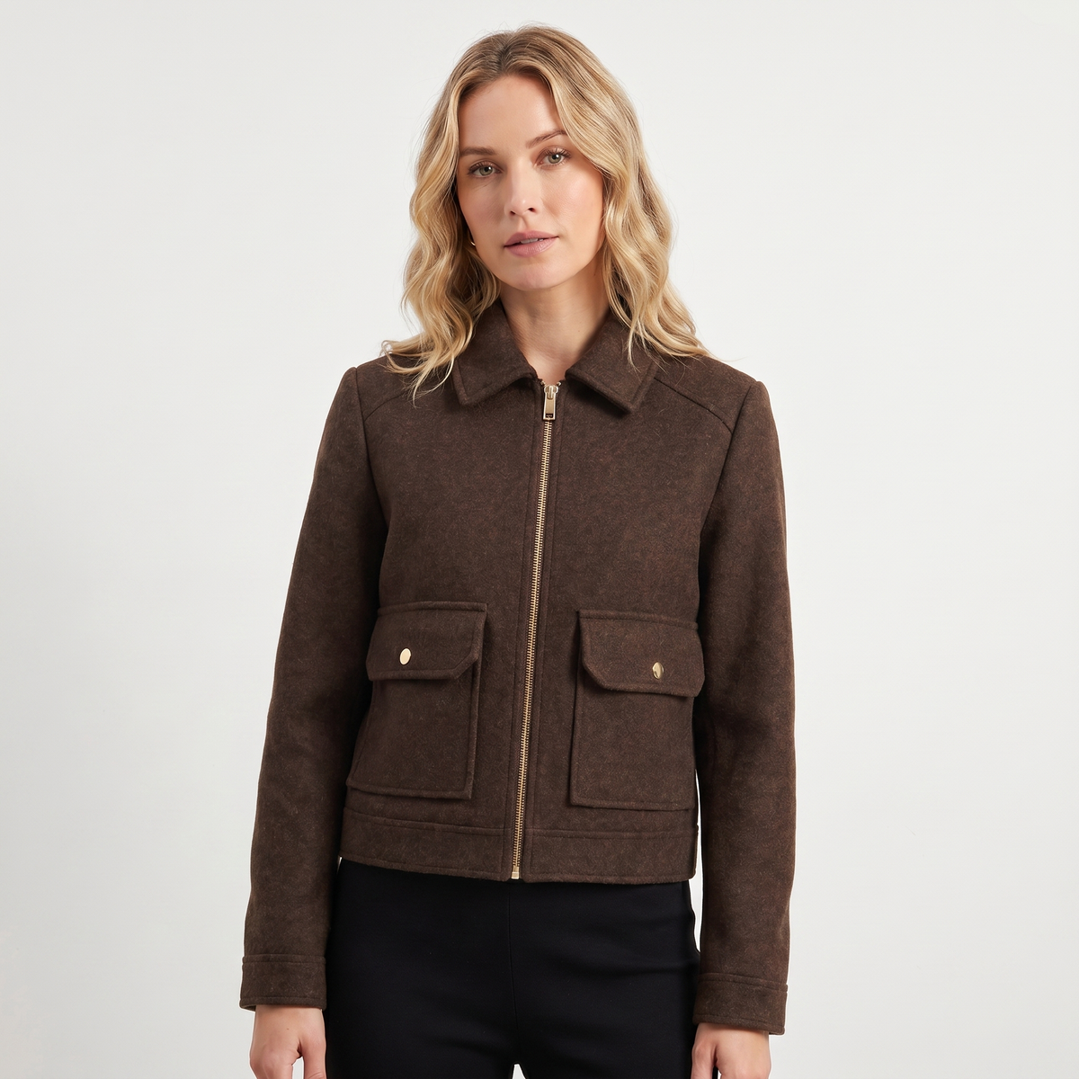 Women's Wool Autumn Jacket Cropped Zip-Up Point Collar Gold Hardware