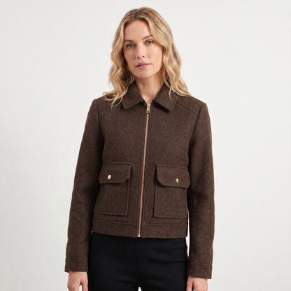 Women's Wool Autumn Jacket Cropped Zip-Up Point Collar Gold Hardware
