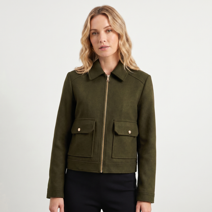Women's Wool Autumn Jacket Cropped Zip-Up Point Collar Gold Hardware