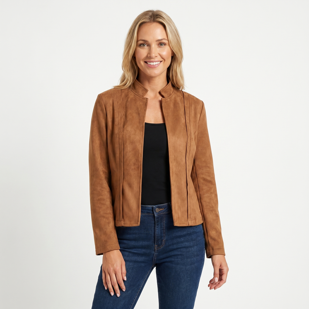 Chaqueta de ante para mujer – Parte delantera abierta cuello alto costura entallada