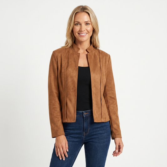 Women's Suede Jacket – Open Front Stand Collar Seam Panel Fitted