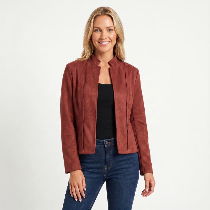 Chaqueta de ante para mujer – Parte delantera abierta cuello alto costura entallada