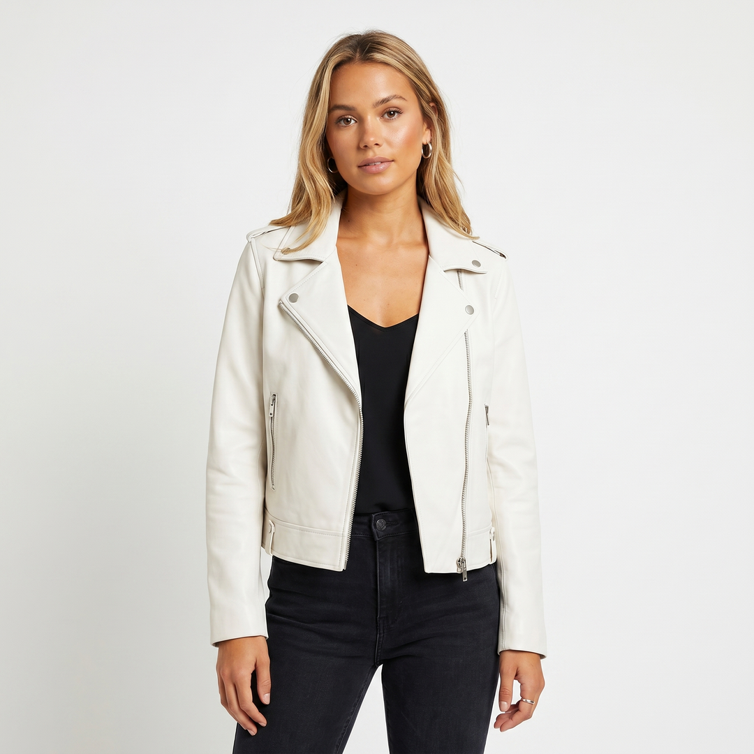 Chaqueta de cuero para mujer – Biker con cremallera asimétrica, solapa de muesca, corta