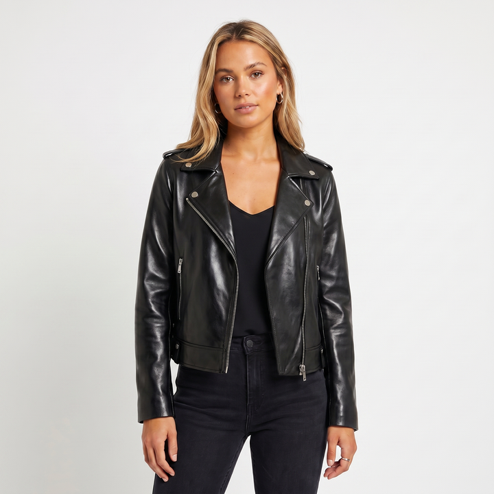 Chaqueta de cuero para mujer – Biker con cremallera asimétrica, solapa de muesca, corta