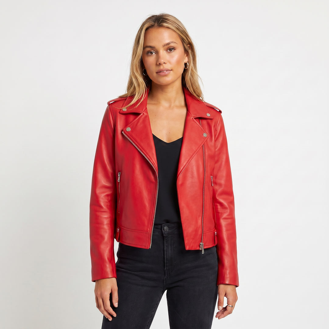 Chaqueta de cuero para mujer – Biker con cremallera asimétrica, solapa de muesca, corta