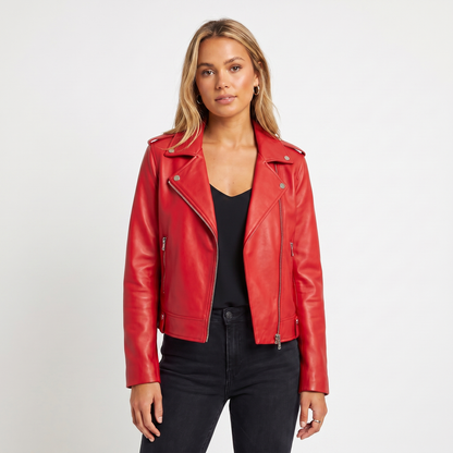 Women's Leather Jacket – Biker Asymmetric Zip Notch Lapel Cropped