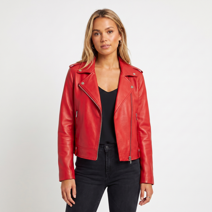 Chaqueta de cuero para mujer – Biker con cremallera asimétrica, solapa de muesca, corta