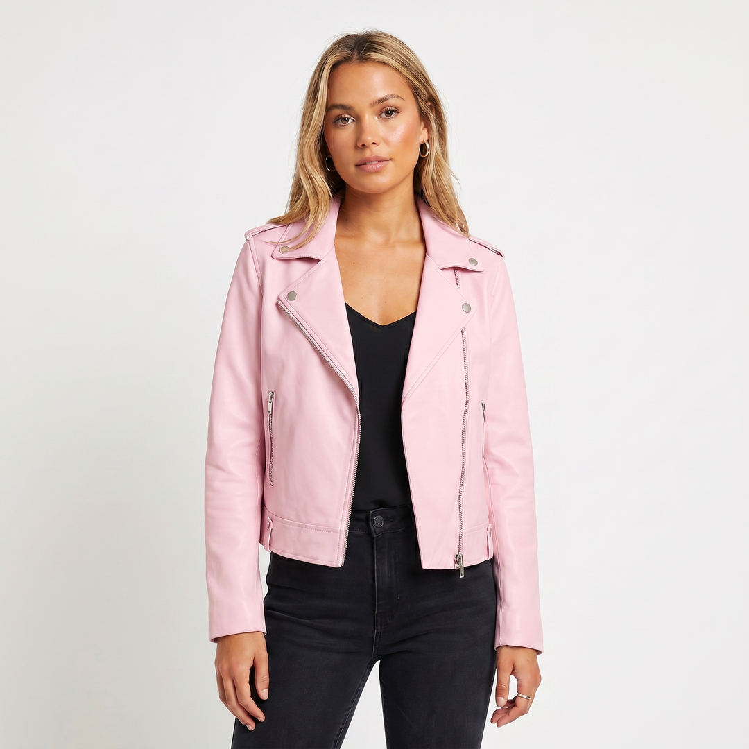 Chaqueta de cuero para mujer – Biker con cremallera asimétrica, solapa de muesca, corta