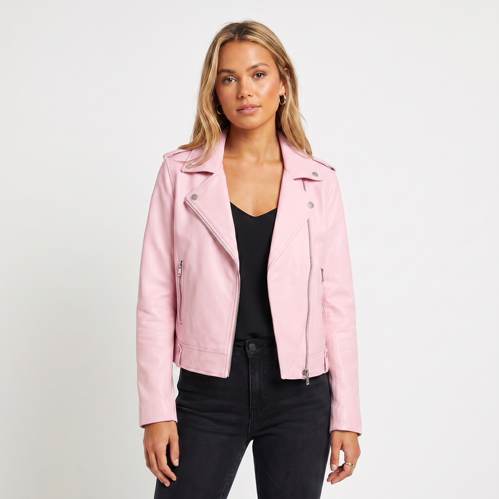 Chaqueta de cuero para mujer – Biker con cremallera asimétrica, solapa de muesca, corta