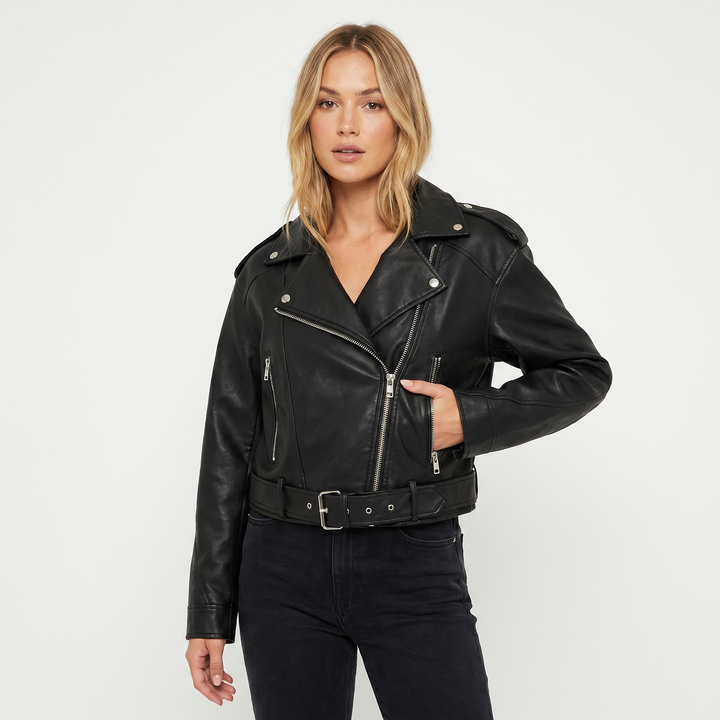 Chaqueta Biker para Mujer – Biker con Cinturón Cremallera Asimétrica Herrajes Plateados