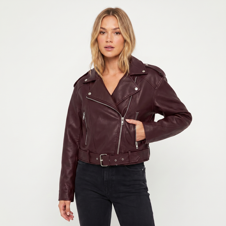 Chaqueta Biker para Mujer – Biker con Cinturón Cremallera Asimétrica Herrajes Plateados
