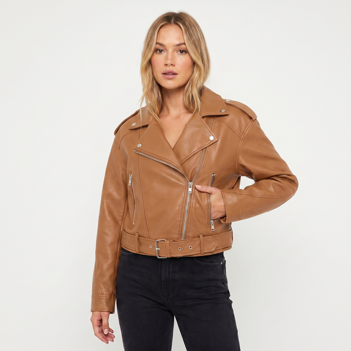 Chaqueta Biker para Mujer – Biker con Cinturón Cremallera Asimétrica Herrajes Plateados