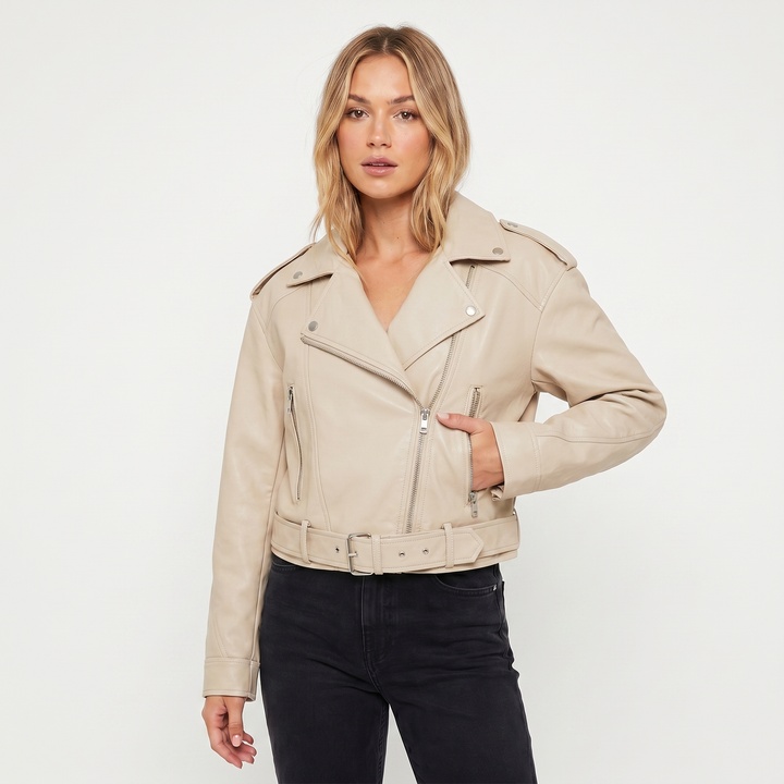 Chaqueta Biker para Mujer – Biker con Cinturón Cremallera Asimétrica Herrajes Plateados