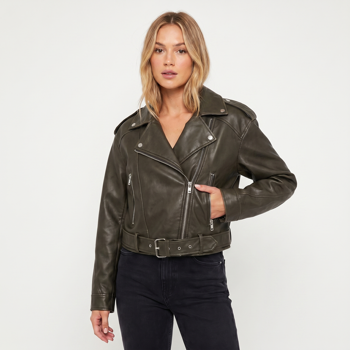 Chaqueta Biker para Mujer – Biker con Cinturón Cremallera Asimétrica Herrajes Plateados