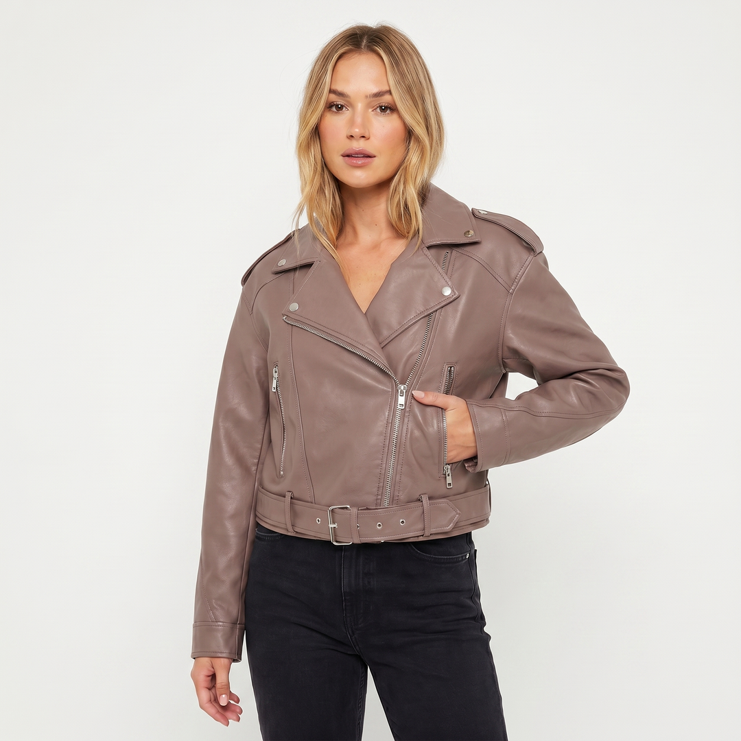 Chaqueta Biker para Mujer – Biker con Cinturón Cremallera Asimétrica Herrajes Plateados