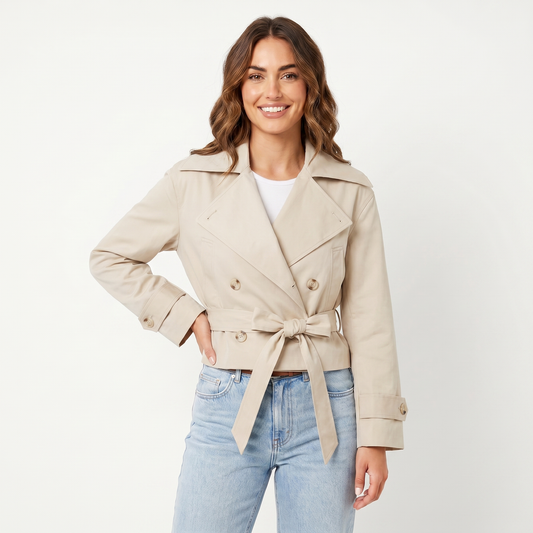 Women's Cropped Trench Coat – Double-Breasted Belted Jacket