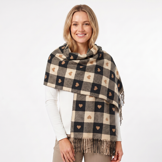 Women's Shawl Winter Scarf Heart Check Woven Fringe Blanket Wrap