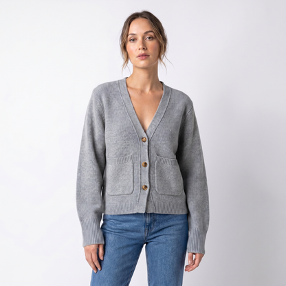 Women's V-Neck Cardigan Cropped Button Front Patch Pockets Gold Buttons