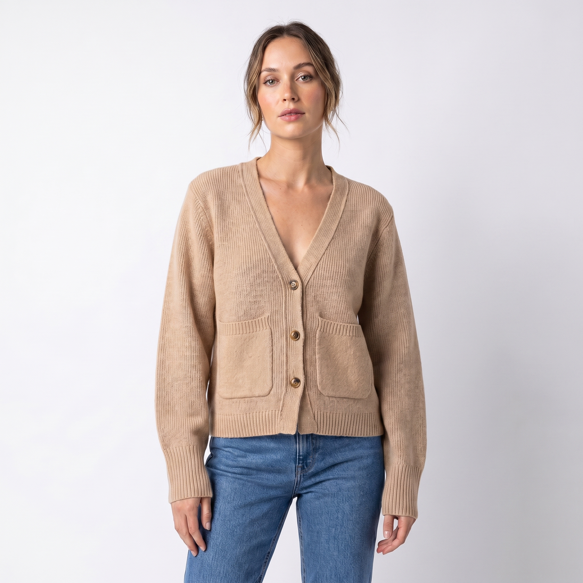 Women's V-Neck Cardigan Cropped Button Front Patch Pockets Gold Buttons
