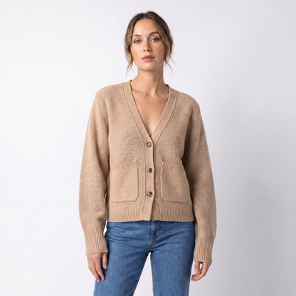 Women's V-Neck Cardigan Cropped Button Front Patch Pockets Gold Buttons