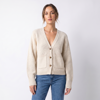 Women's V-Neck Cardigan Cropped Button Front Patch Pockets Gold Buttons